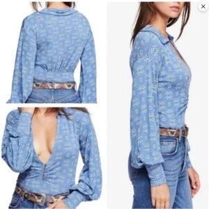 Free People Sydney Long Sleeve Ruched Blue Top Blouse Sz XS